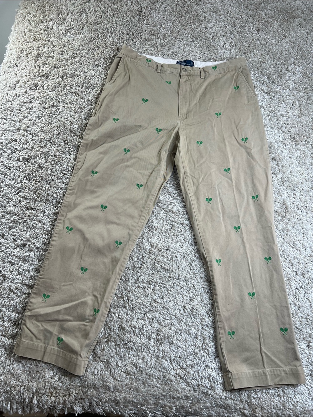 Vintage POLO Ralph Lauren Tan Chino Pants with Green Embroidered tennis rackets